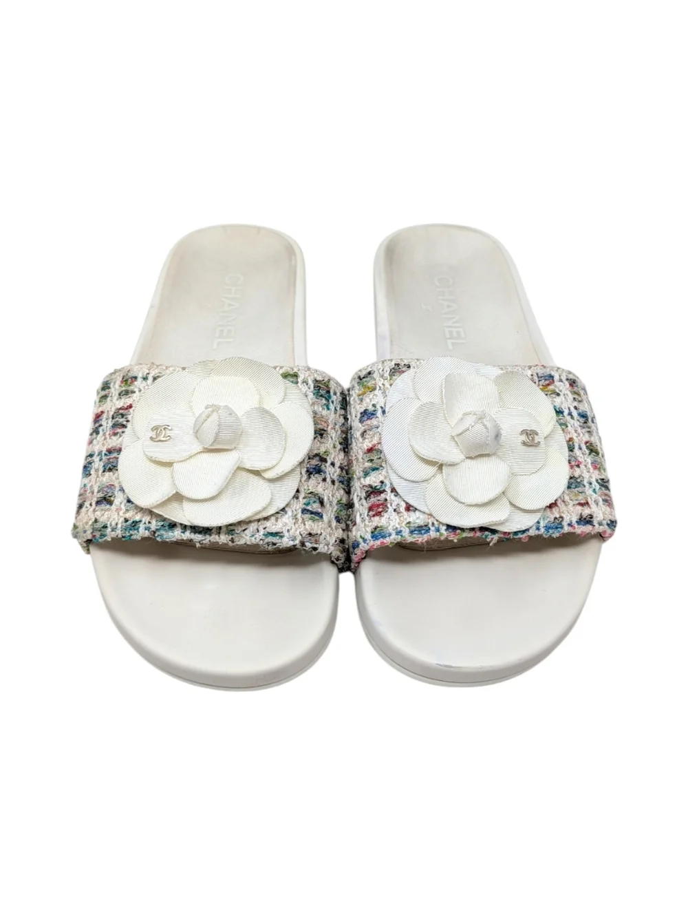 Chanel Camellia Tweed CC Logo Slide Rainbow White Rubber Pool Sandal 38 | 7.5 - Picture 2 of 13